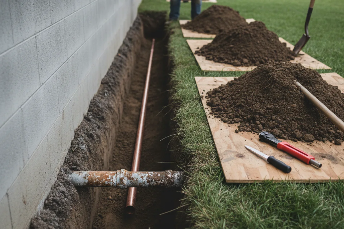 Excavated water line trench during Water Softener Installation in Waldo